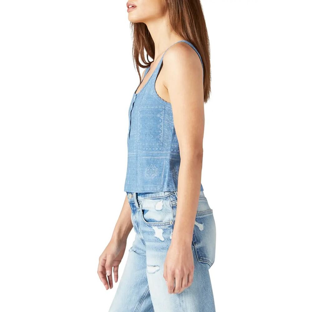 Lucky Brand Women Washed Blue Cotton Patchwork Print Boho Henley Tank Top Size L - Picture 3 of 3